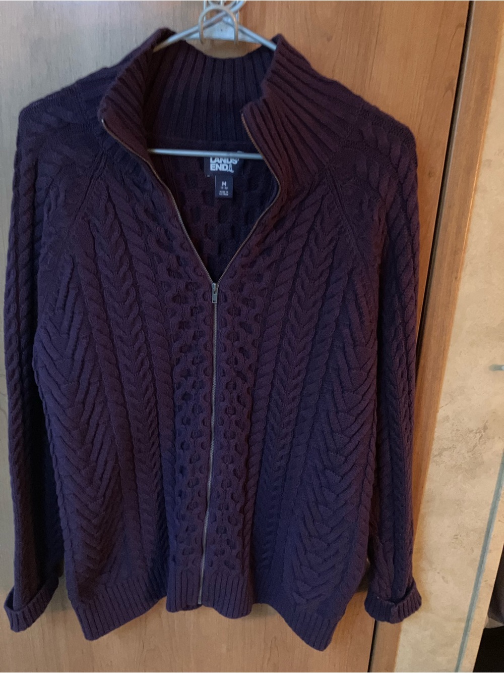 Lands' End Purple Zip-Front Cable Knit Sweater - Dark Plum Mock Neck Sz M 10-12